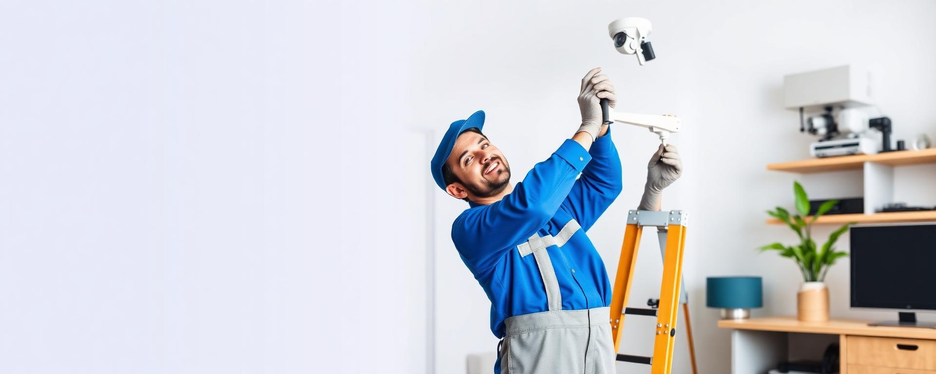 Engineer installing CCTV camera at a home